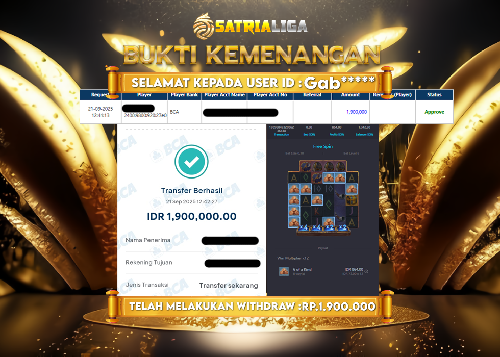 BUKTI KEMENANGAN MEMBER SATRIALIGA Rp 1.900.000