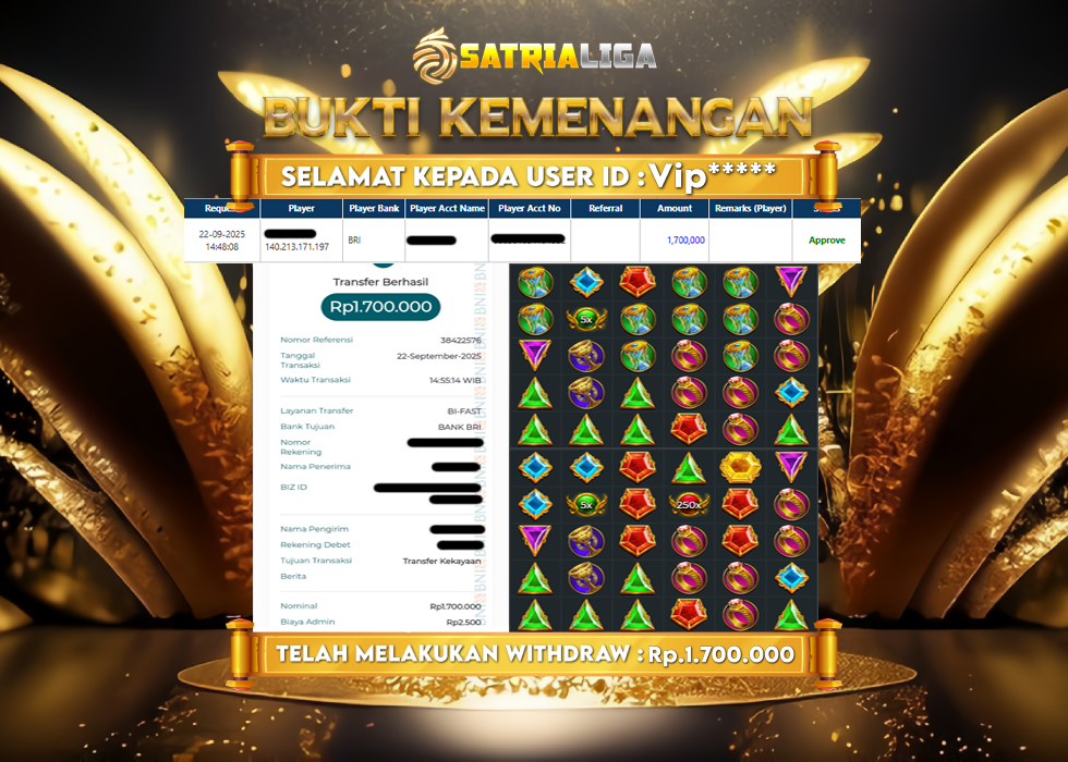 BUKTI KEMENANGAN MEMBER SATRIALIGA Rp 1.700.000