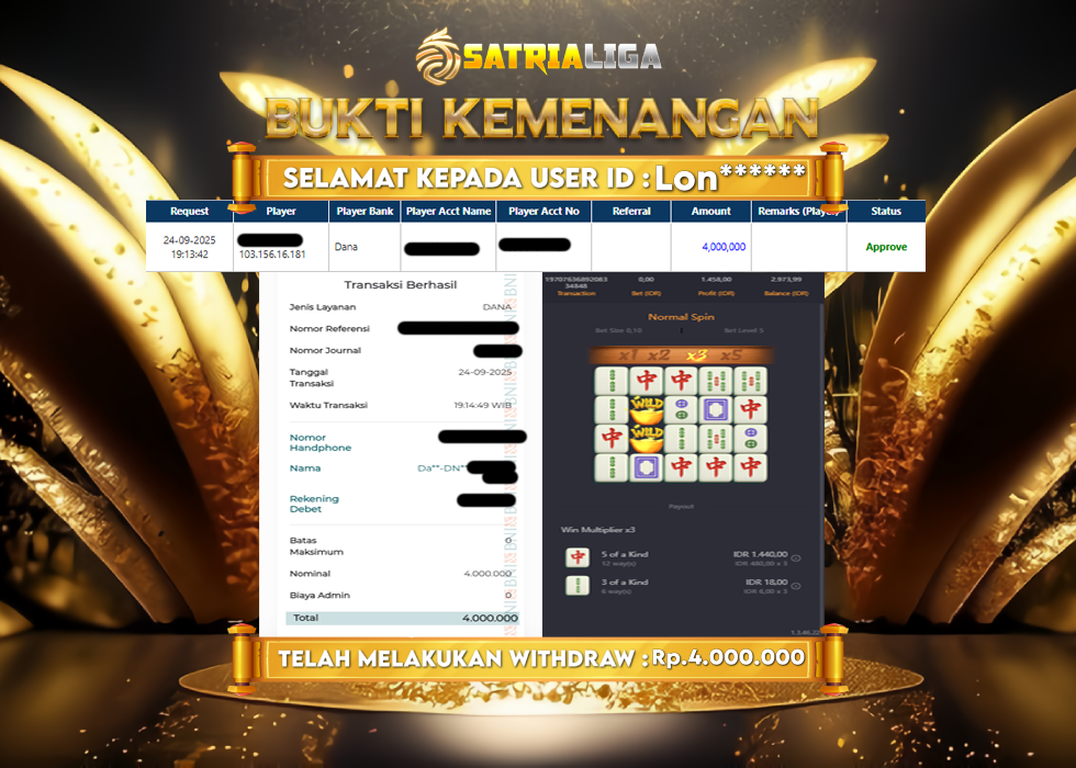 BUKTI KEMENANGAN MEMBER SATRIALIGA Rp 4.000.000