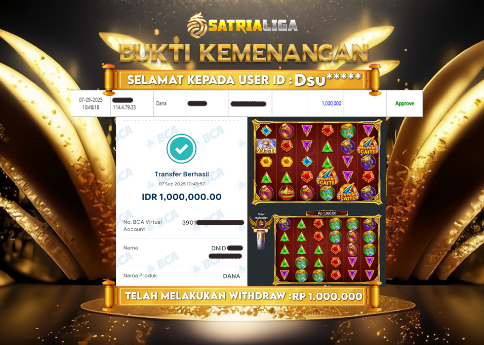 BUKTI KEMENANGAN MEMBER SATRIALIGA Rp 1.000.000