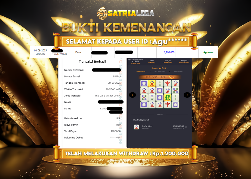 BUKTI KEMENANGAN MEMBER SATRIALIGA Rp 1.200.000