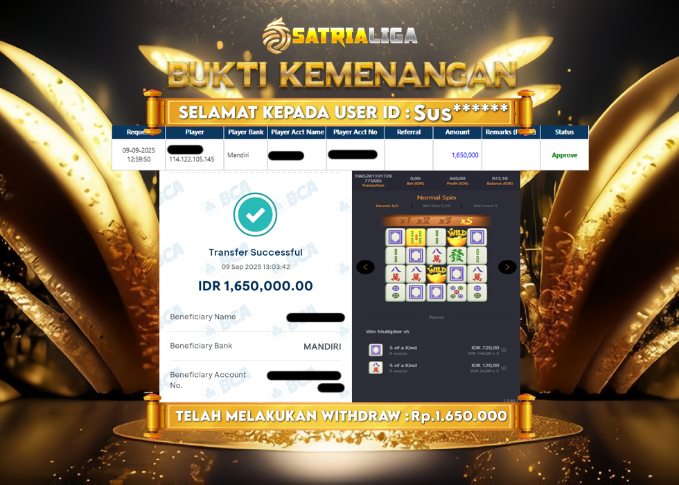 BUKTI KEMENANGAN MEMBER SATRIALIGA Rp 1.650.000