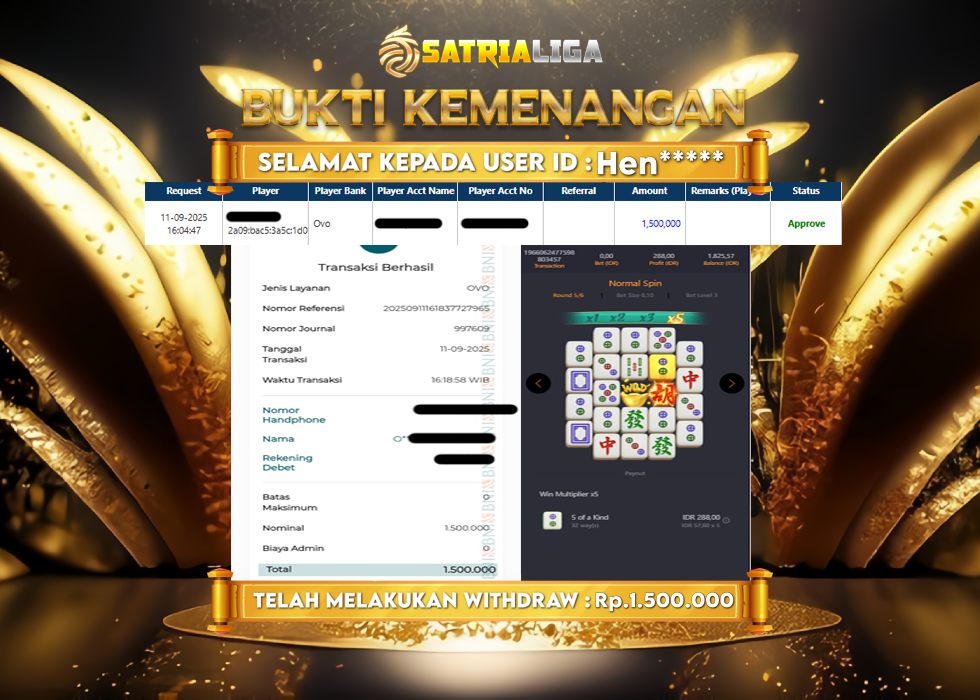 BUKTI KEMENANGAN MEMBER SATRIALIGA Rp 1.500.000