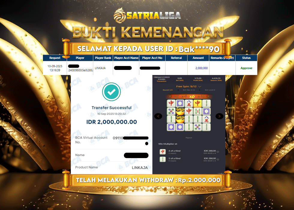 BUKTI KEMENANGAN MEMBER SATRIALIGA Rp 2.000.000