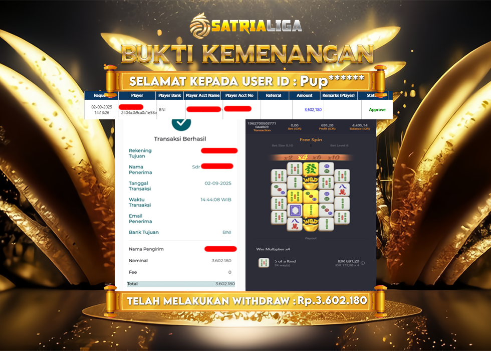 BUKTI KEMENANGAN MEMBER SATRIALIGA Rp 3.608.120