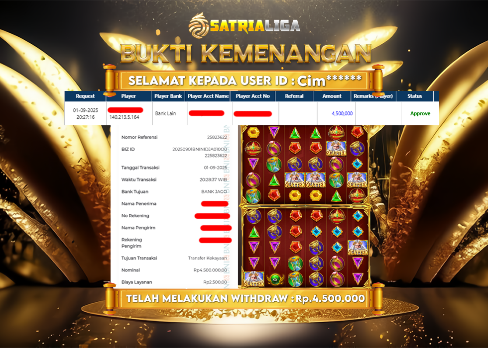 BUKTI KEMENANGAN MEMBER SATRIALIGA Rp 4.500.000