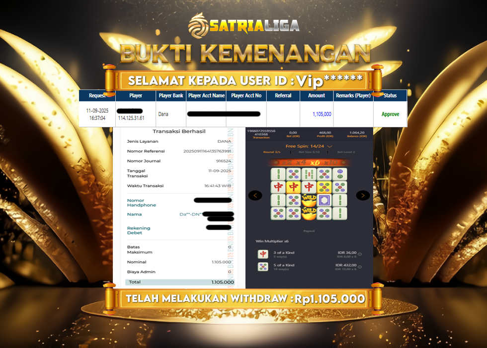 BUKTI KEMENANGAN MEMBER SATRIALIGA Rp 1.105.000
