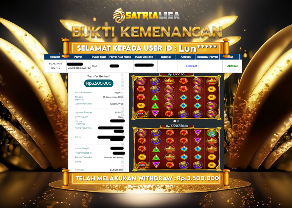 BUKTI KEMENANGAN MEMBER SATRIALIGA Rp 3.500.000