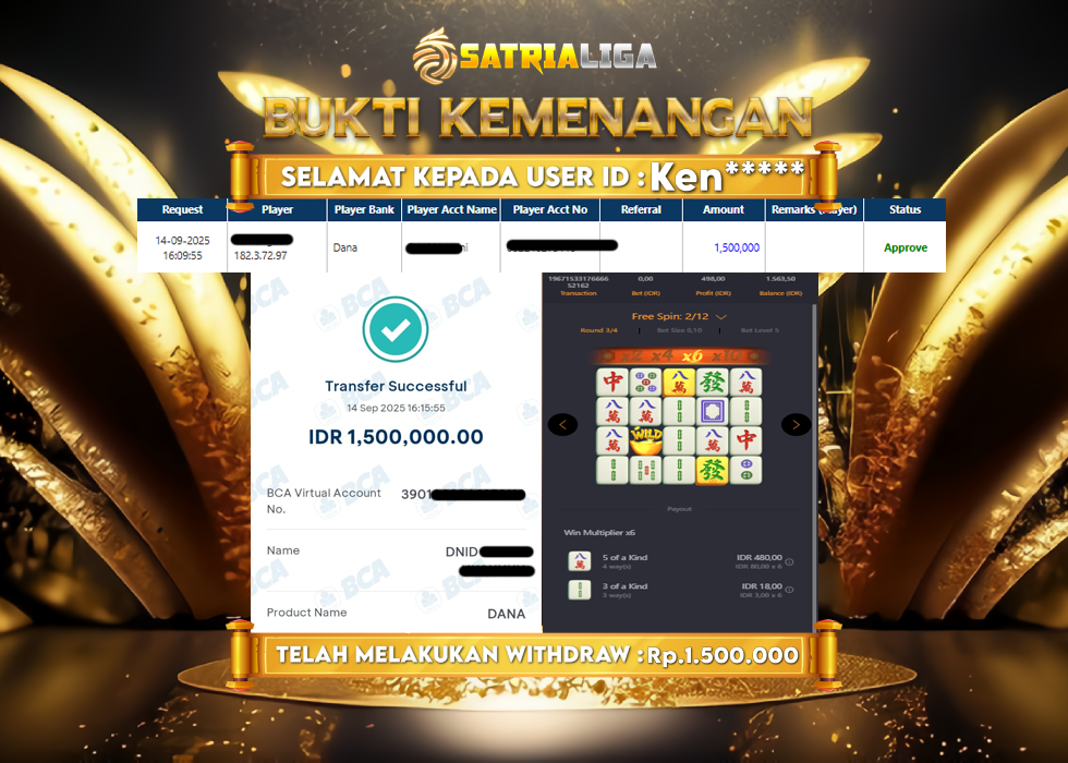 BUKTI KEMENANGAN MEMBER SATRIALIGA Rp 1.500.000