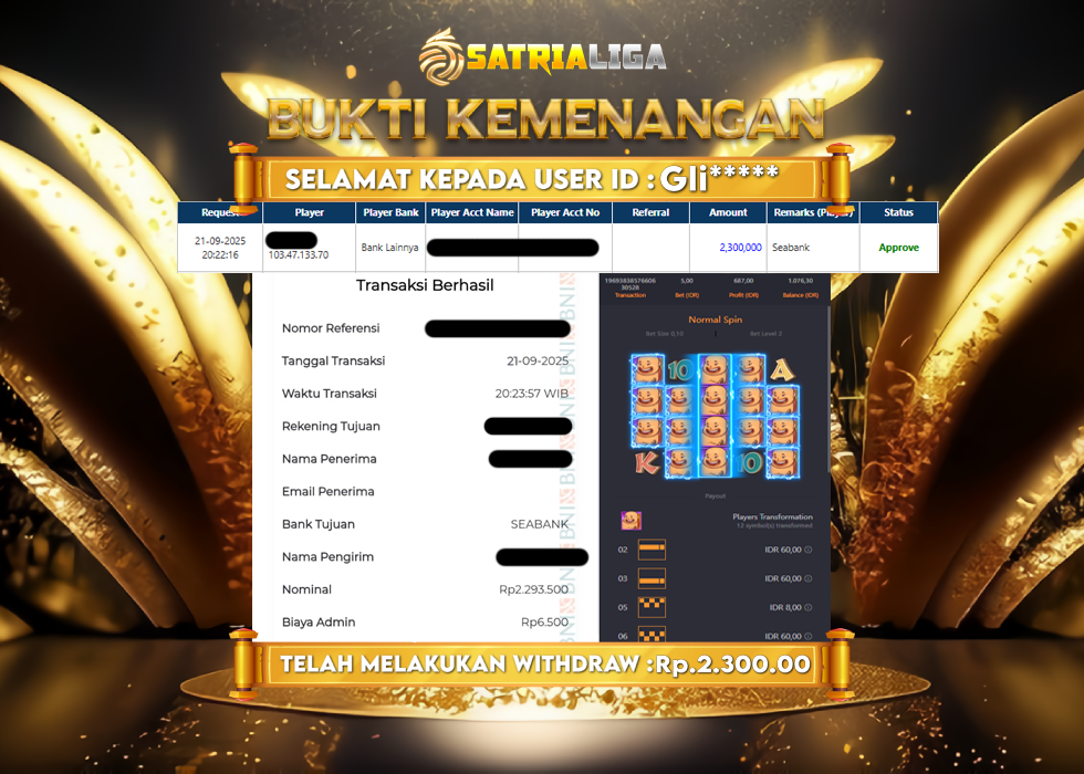 BUKTI KEMENANGAN MEMBER SATRIALIGA Rp 2.300.000