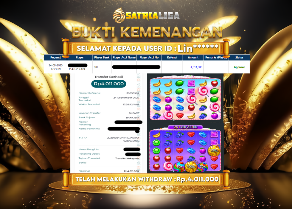 BUKTI KEMENANGAN MEMBER SATRIALIGA Rp 4.011.000
