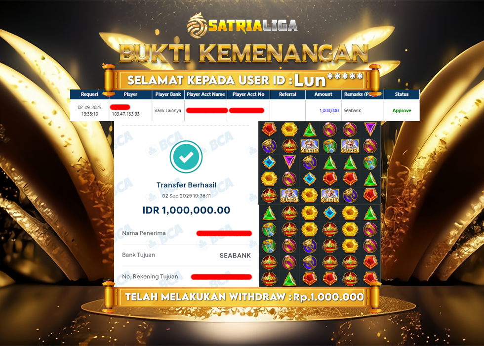 BUKTI KEMENANGAN MEMBER SATRIALIGA Rp 1.000.000
