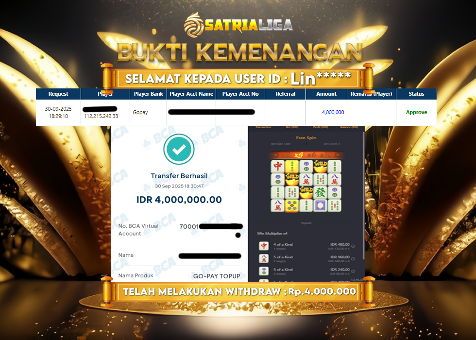 BUKTI KEMENANGAN MEMBER SATRIALIGA Rp 4.000.000