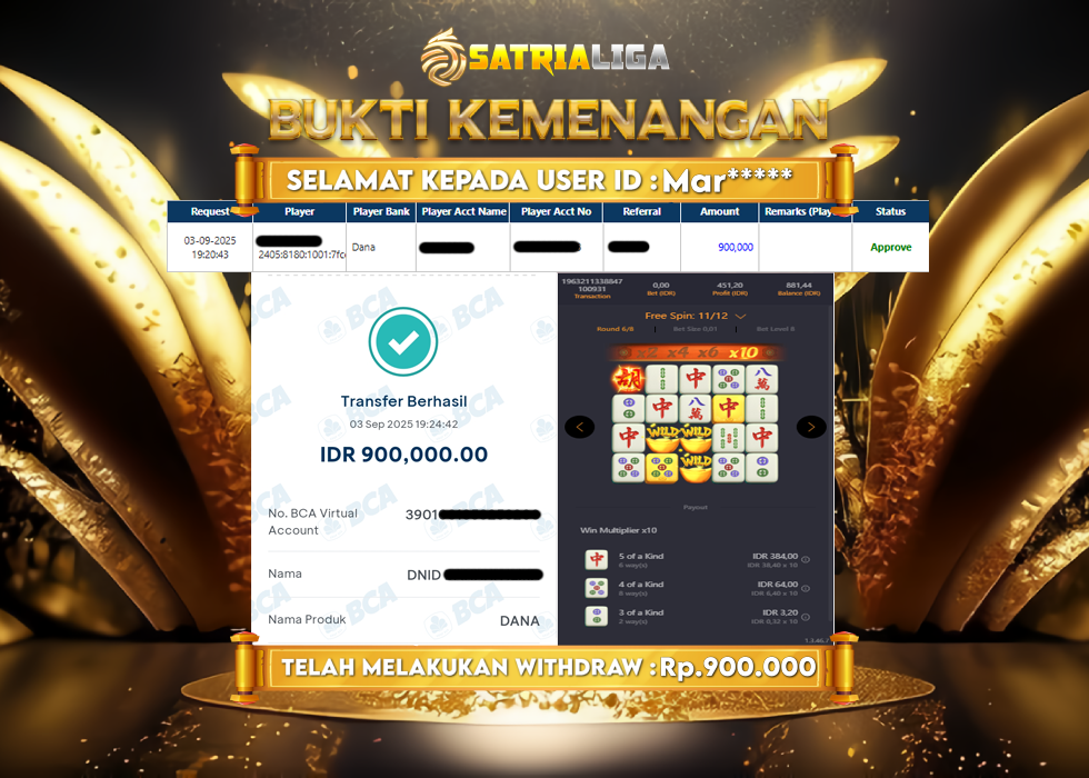 BUKTI KEMENANGAN MEMBER SATRIALIGA Rp 900.000