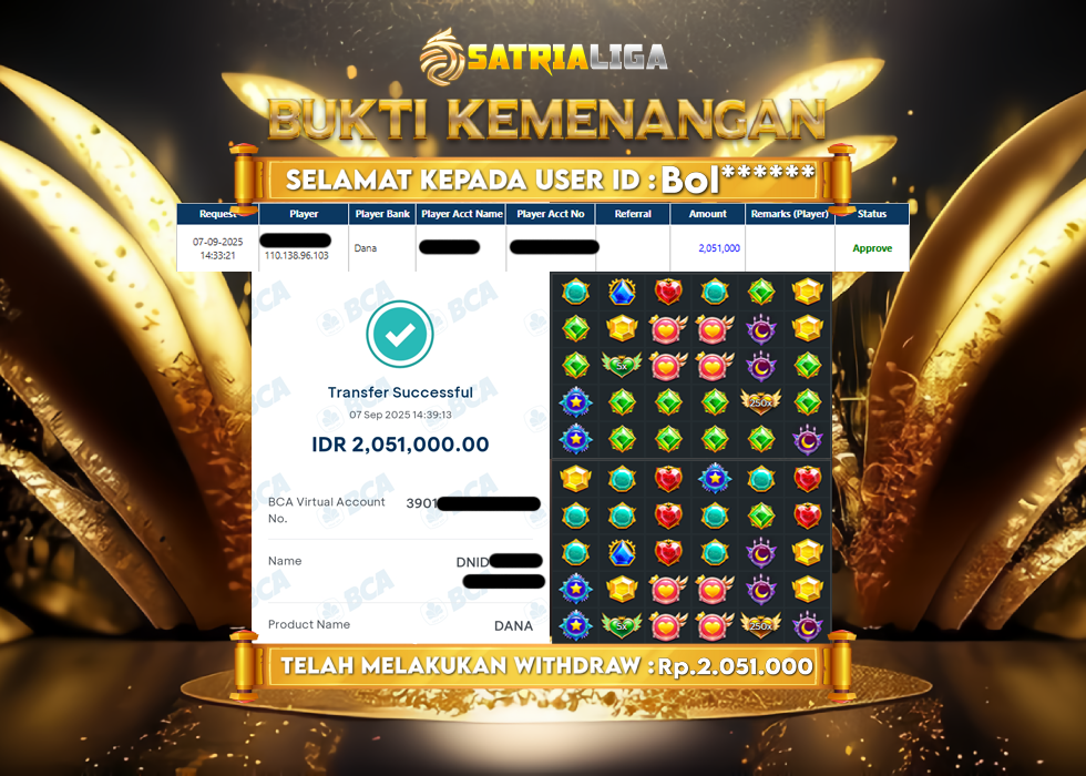 BUKTI KEMENANGAN MEMBER SATRIALIGA Rp 2.051.000