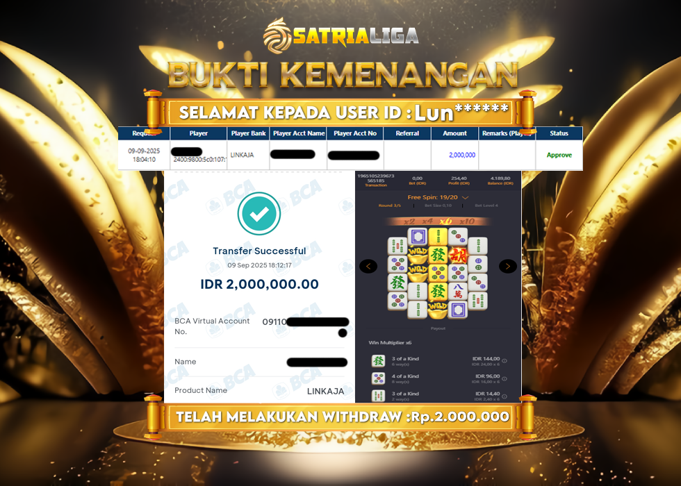 BUKTI KEMENANGAN MEMBER SATRIALIGA Rp 2.000.000