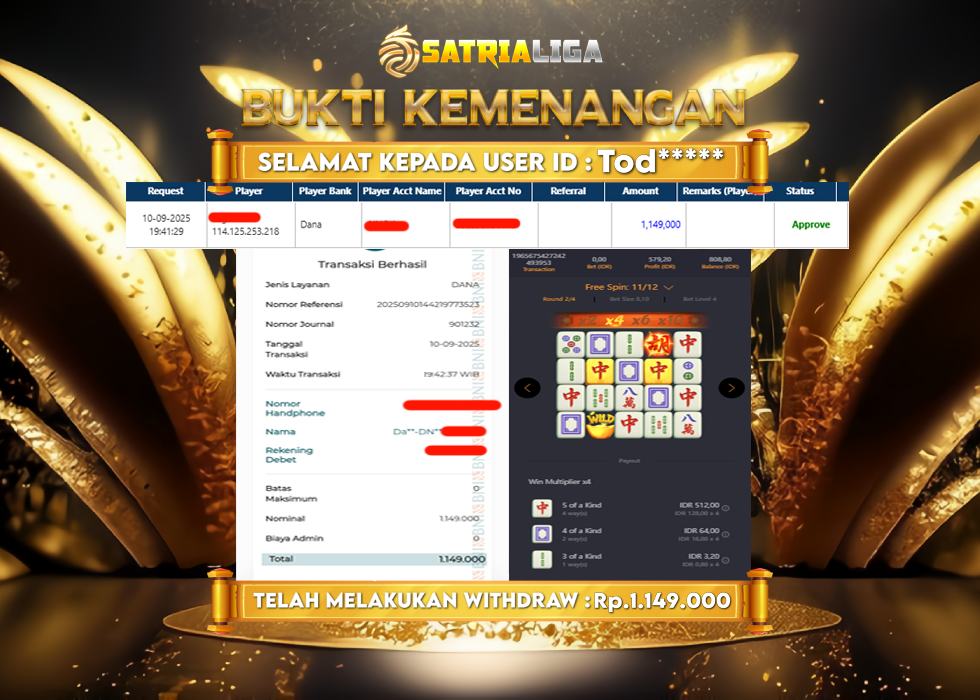 BUKTI KEMENANGAN MEMBER SATRIALIGA Rp 1.149.000