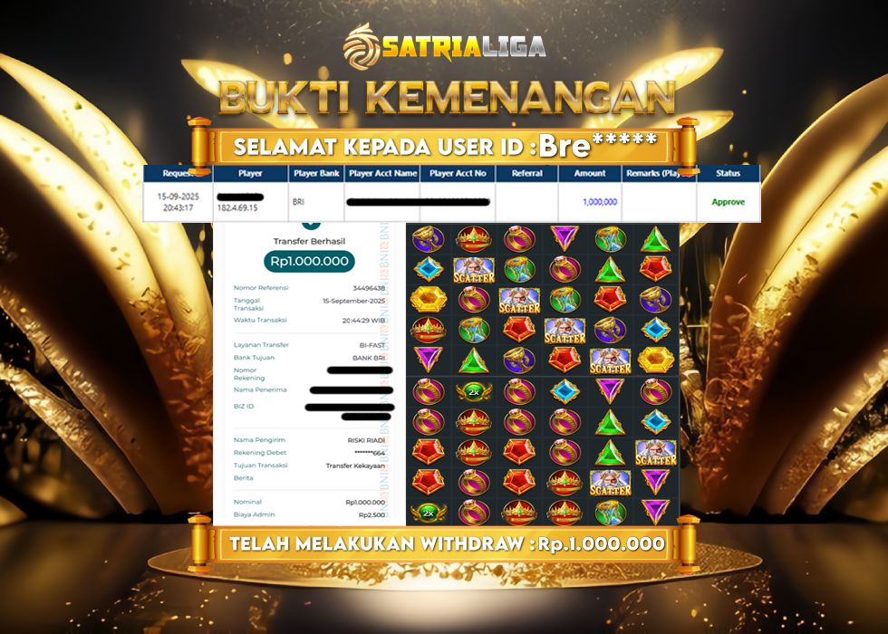 BUKTI KEMENANGAN MEMBER SATRIALIGA Rp 1.000.000