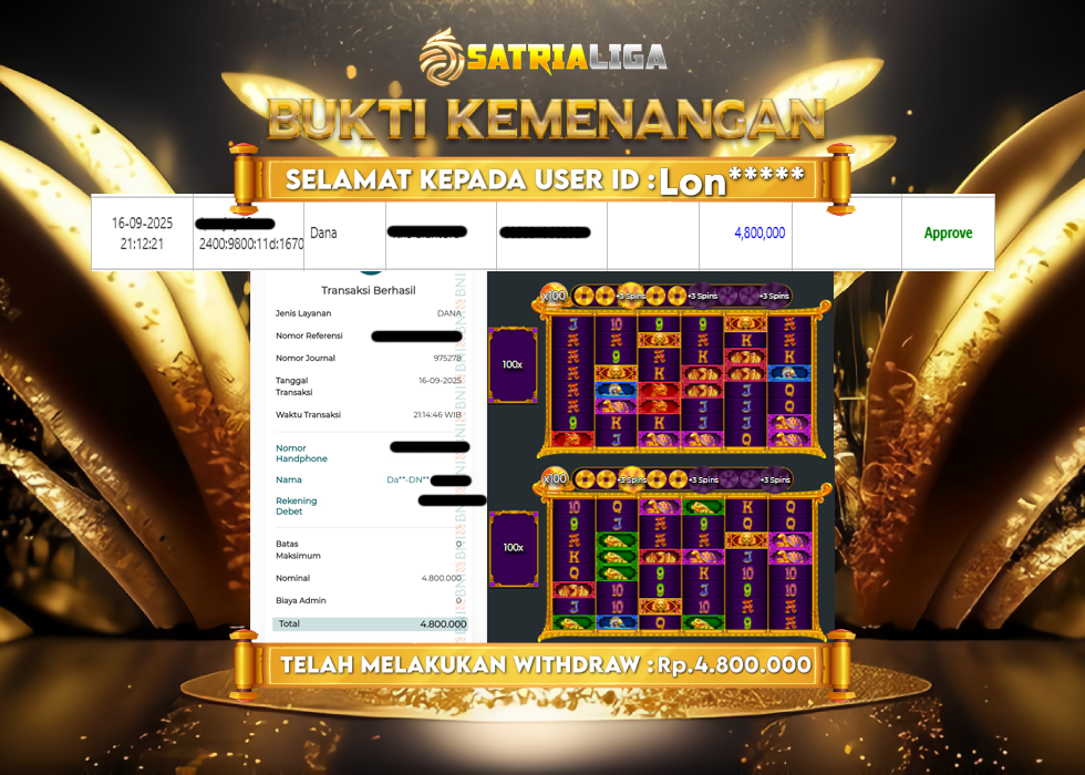 BUKTI KEMENANGAN MEMBER SATRIALIGA Rp 4.800.000