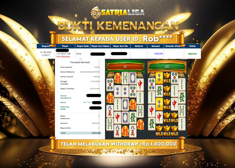 BUKTI KEMENANGAN MEMBER SATRIALIGA Rp 1.800.000