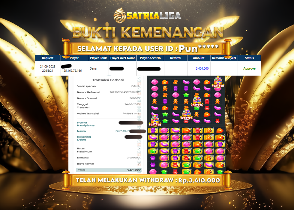 BUKTI KEMENANGAN MEMBER SATRIALIGA Rp 3.401.000