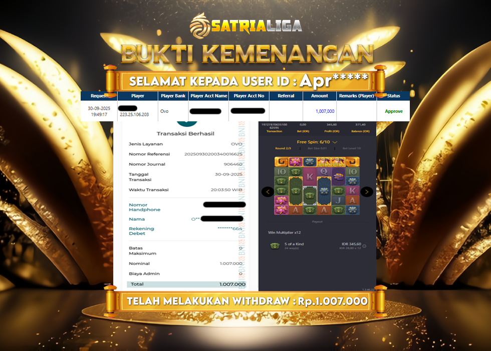 BUKTI KEMENANGAN MEMBER SATRIALIGA Rp 1.007.000