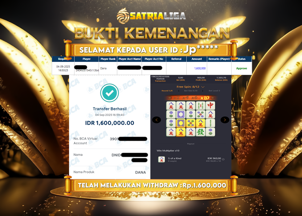 BUKTI KEMENANGAN MEMBER SATRIALIGA Rp 1.600.000