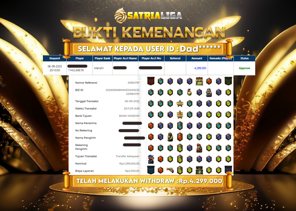 BUKTI KEMENANGAN MEMBER SATRIALIGA Rp 4.299.000