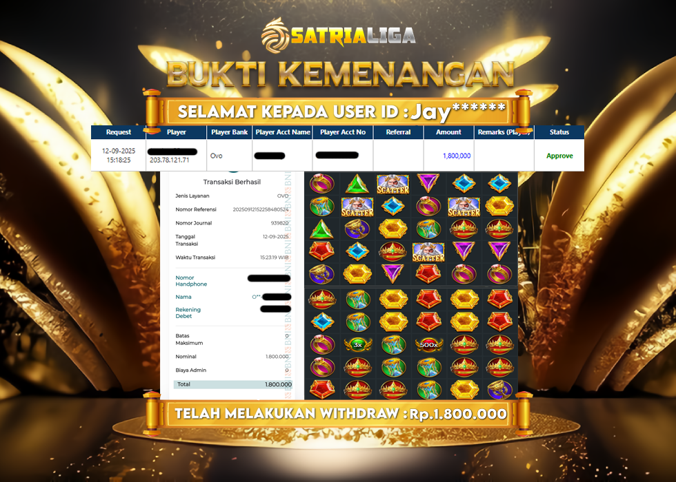 BUKTI KEMENANGAN MEMBER SATRIALIGA Rp 1.800.000