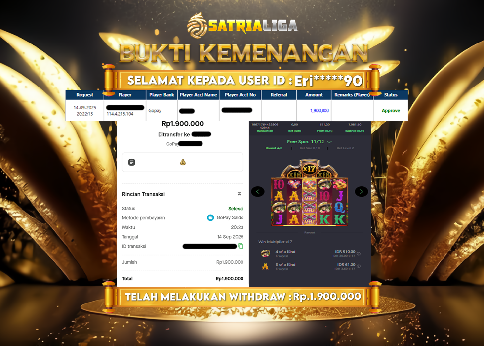 BUKTI KEMENANGAN MEMBER SATRIALIGA Rp 1.900.000