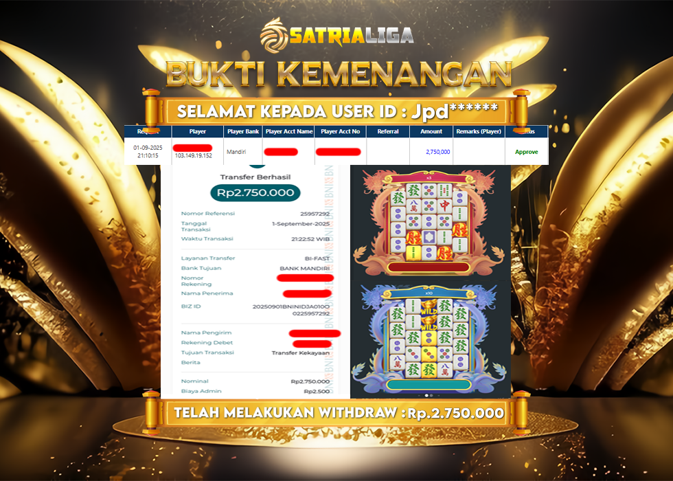 BUKTI KEMENANGAN MEMBER SATRIALIGA Rp 2.750.000