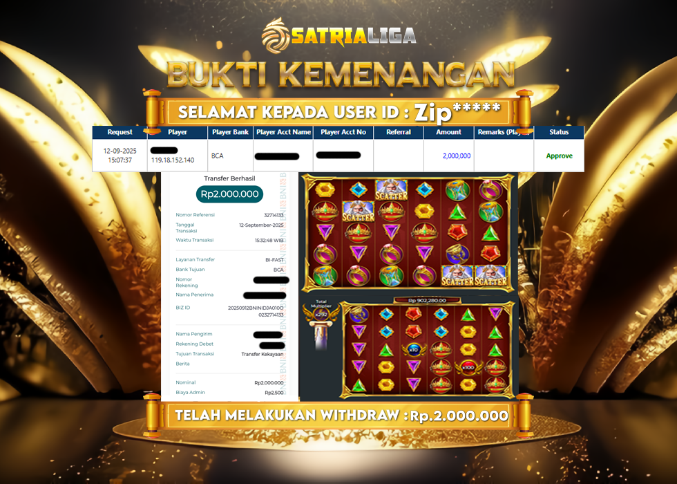 BUKTI KEMENANGAN MEMBER SATRIALIGA Rp 2.000.000