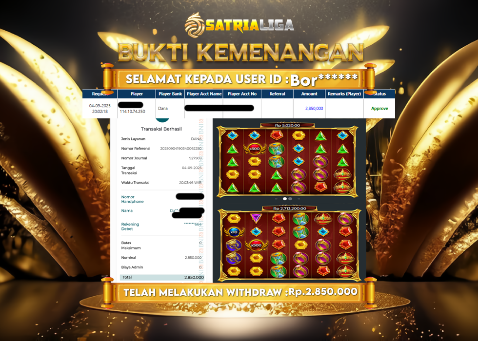 BUKTI KEMENANGAN MEMBER SATRIALIGA Rp 2.850.000