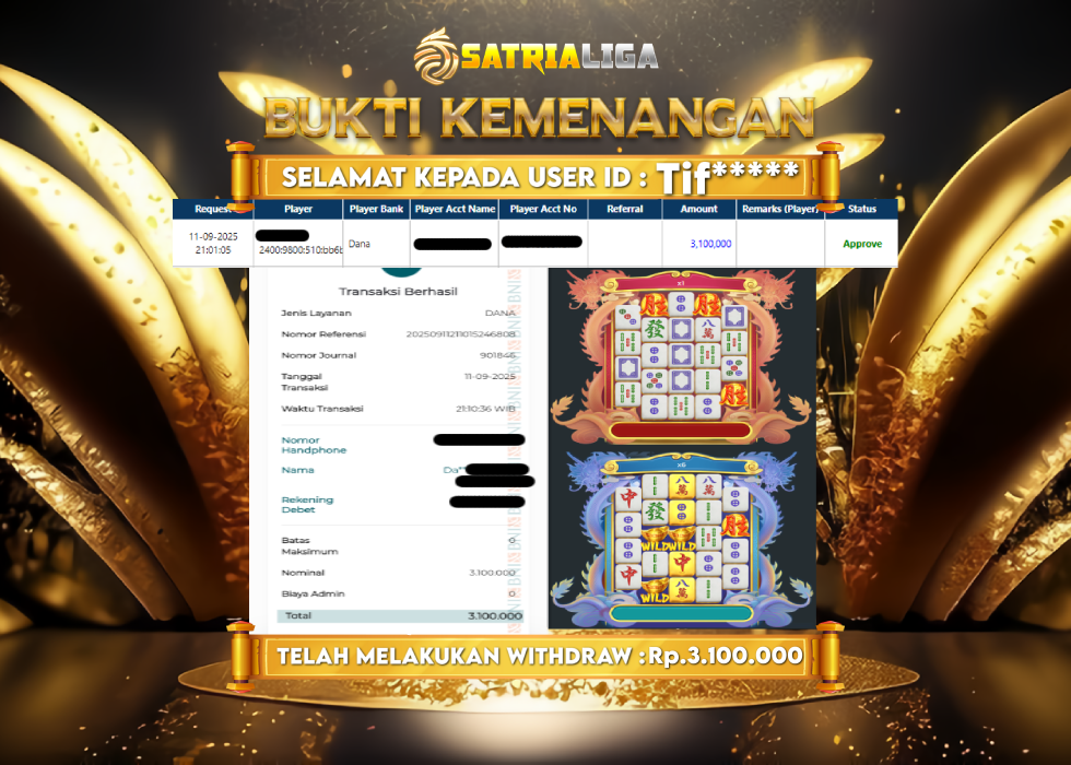 BUKTI KEMENANGAN MEMBER SATRIALIGA Rp 3.100.000