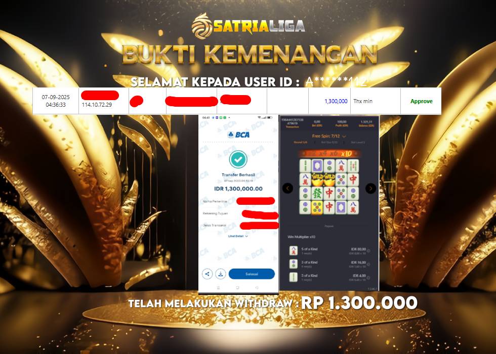 BUKTI KEMENANGAN MEMBER SATRIALIGA Rp 1.300.000