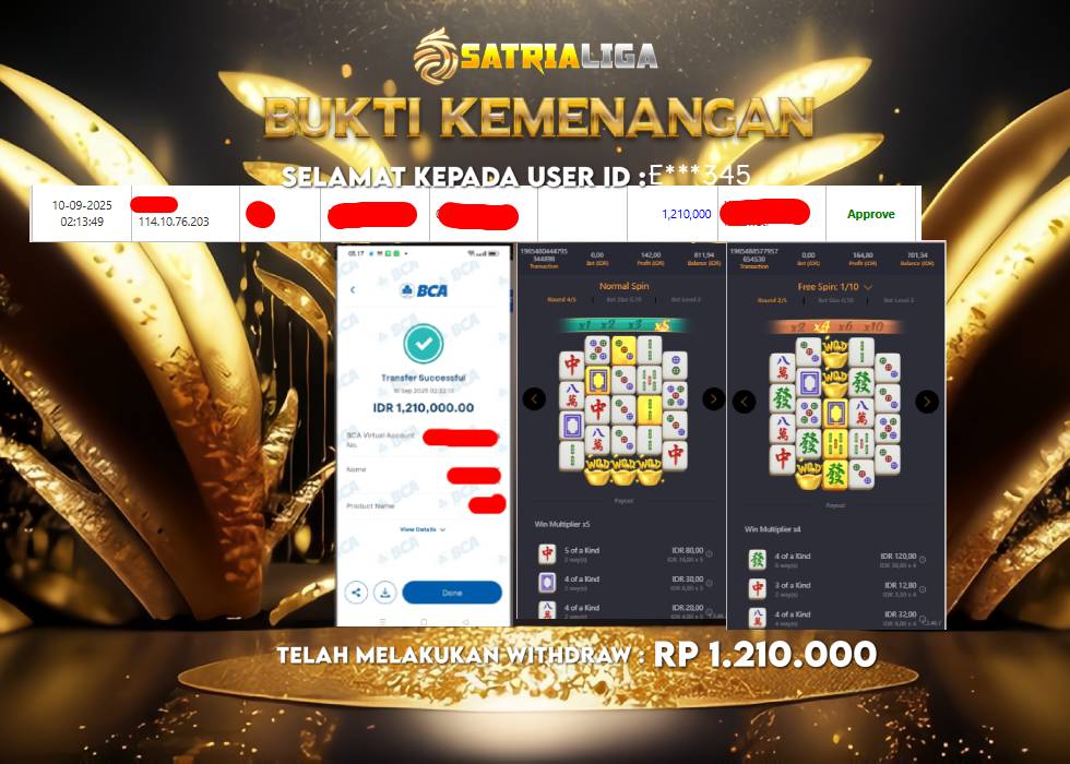 BUKTI KEMENANGAN MEMBER SATRIALIGA Rp 1.210.000