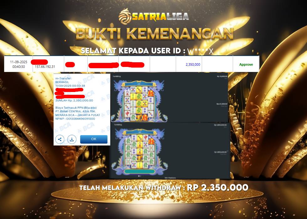 BUKTI KEMENANGAN MEMBER SATRIALIGA Rp 2.350.000
