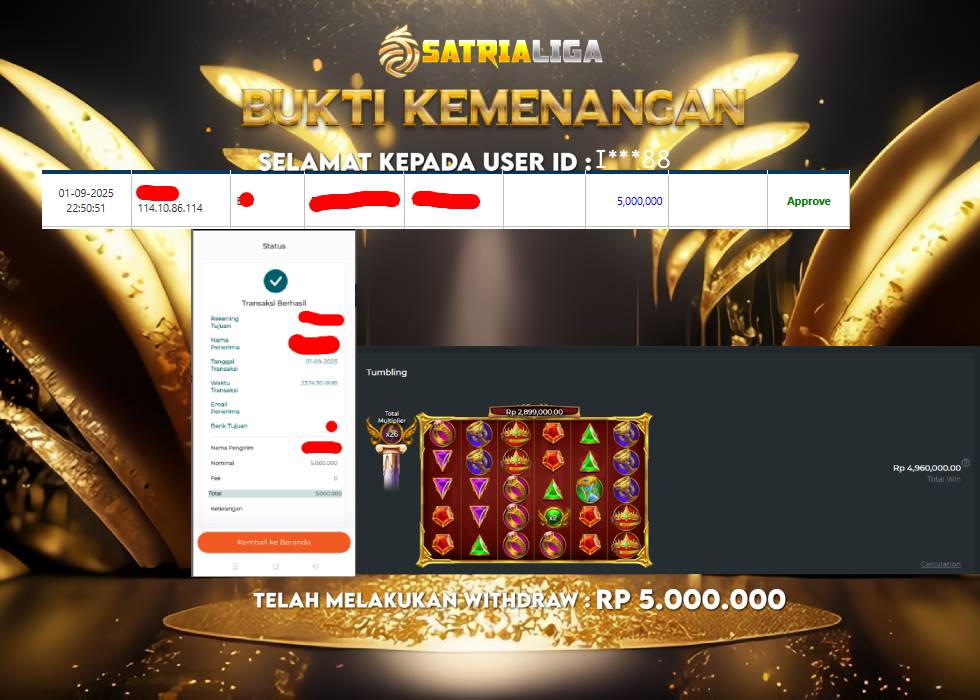 BUKTI KEMENANGAN MEMBER SATRIALIGA Rp 5.000.000