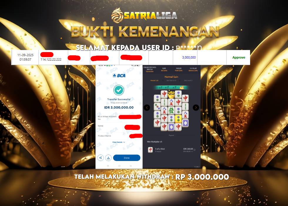 BUKTI KEMENANGAN MEMBER SATRIALIGA Rp 3.000.000