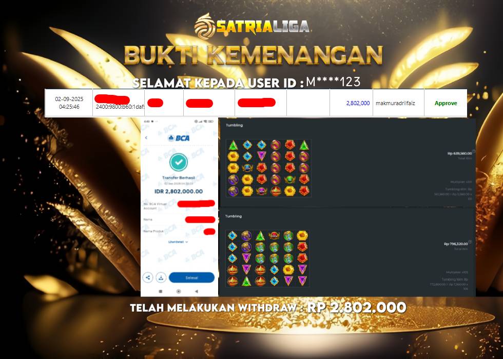 BUKTI KEMENANGAN MEMBER SATRIALIGA Rp 2.802.000