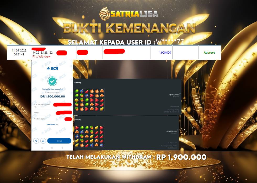 BUKTI KEMENANGAN MEMBER SATRIALIGA Rp 1.900.000