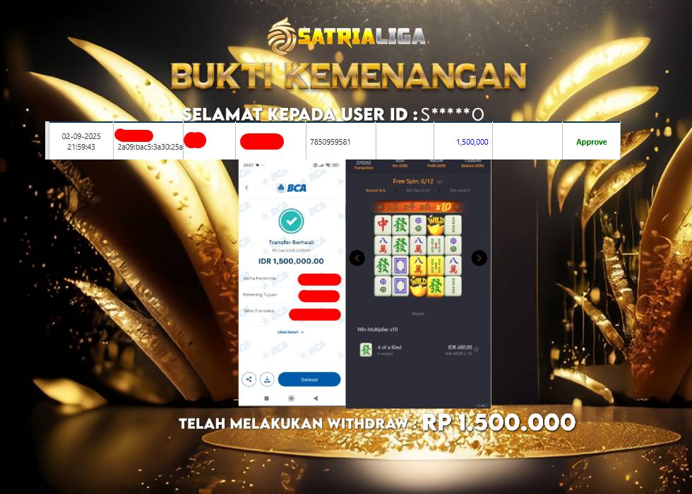 BUKTI KEMENANGAN MEMBER SATRIALIGA Rp 1.500.000