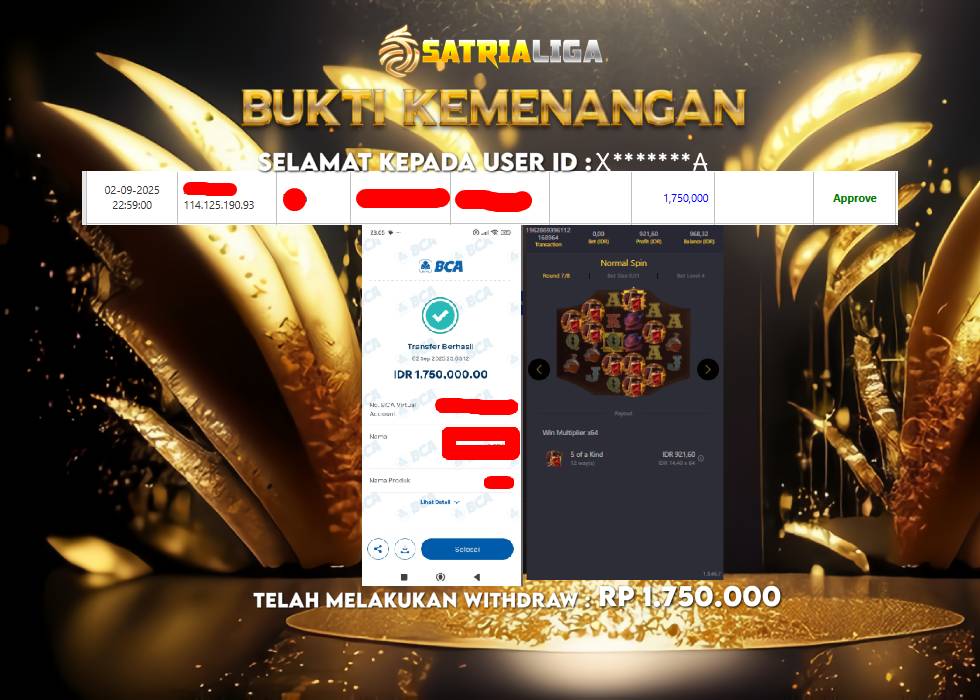 BUKTI KEMENANGAN MEMBER SATRIALIGA Rp 1.750.000