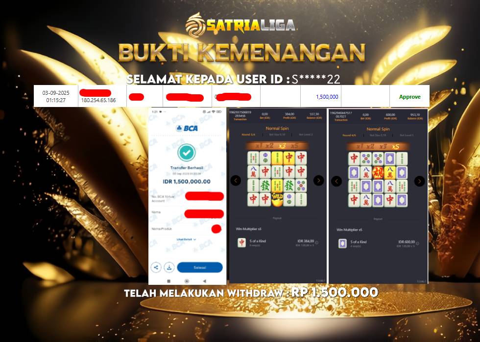BUKTI KEMENANGAN MEMBER SATRIALIGA Rp 1.500.000
