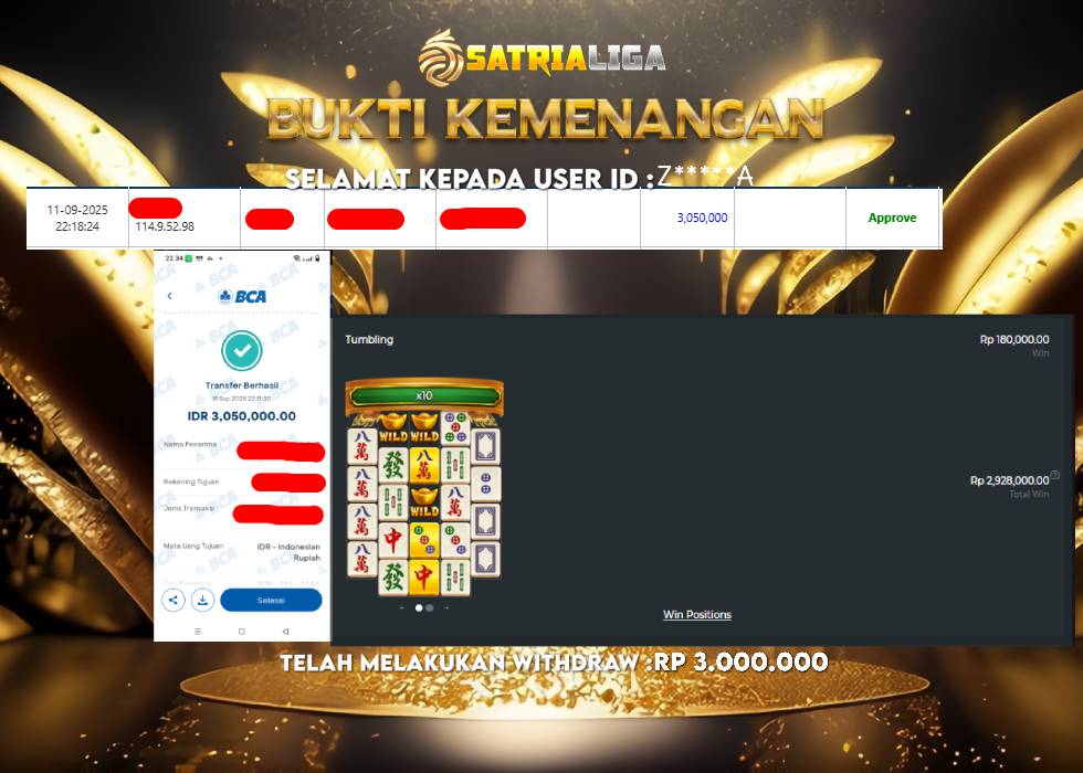 BUKTI KEMENANGAN MEMBER SATRIALIGA Rp 3.050.000