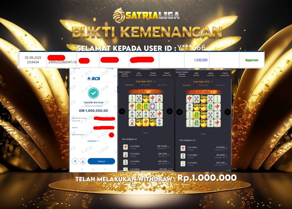 BUKTI KEMENANGAN MEMBER SATRIALIGA Rp 1.000.000