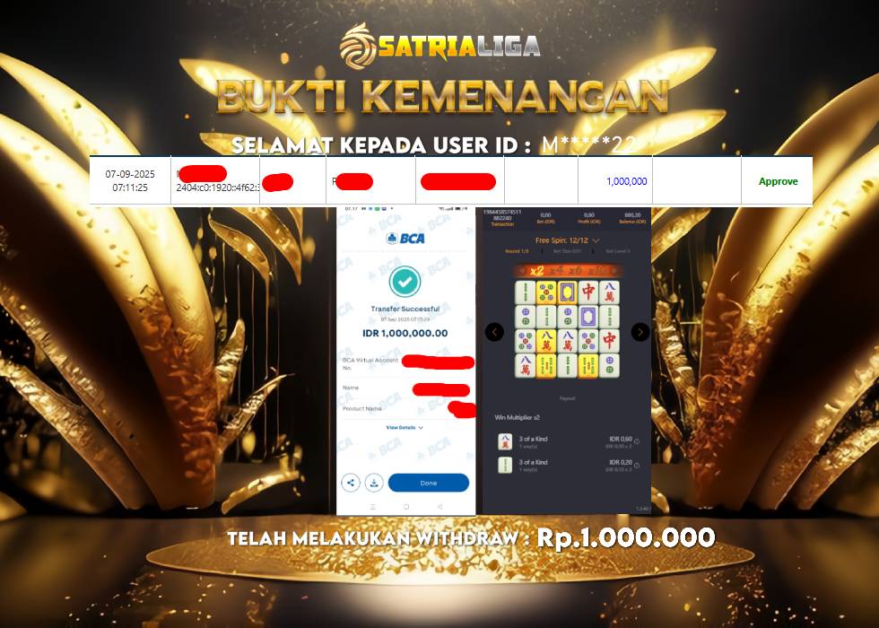 BUKTI KEMENANGAN MEMBER SATRIALIGA Rp 1.000.000