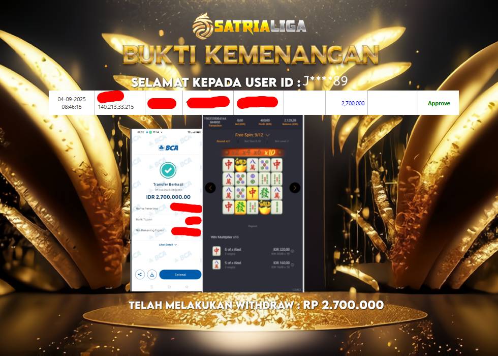 BUKTI KEMENANGAN MEMBER SATRIALIGA Rp 2.700.000