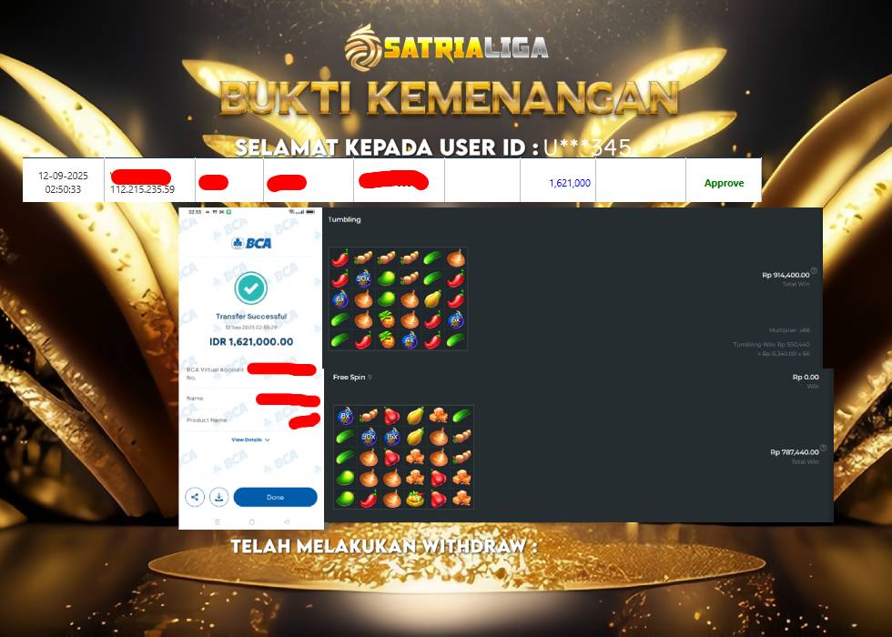 BUKTI KEMENANGAN MEMBER SATRIALIGA Rp 1.621.000