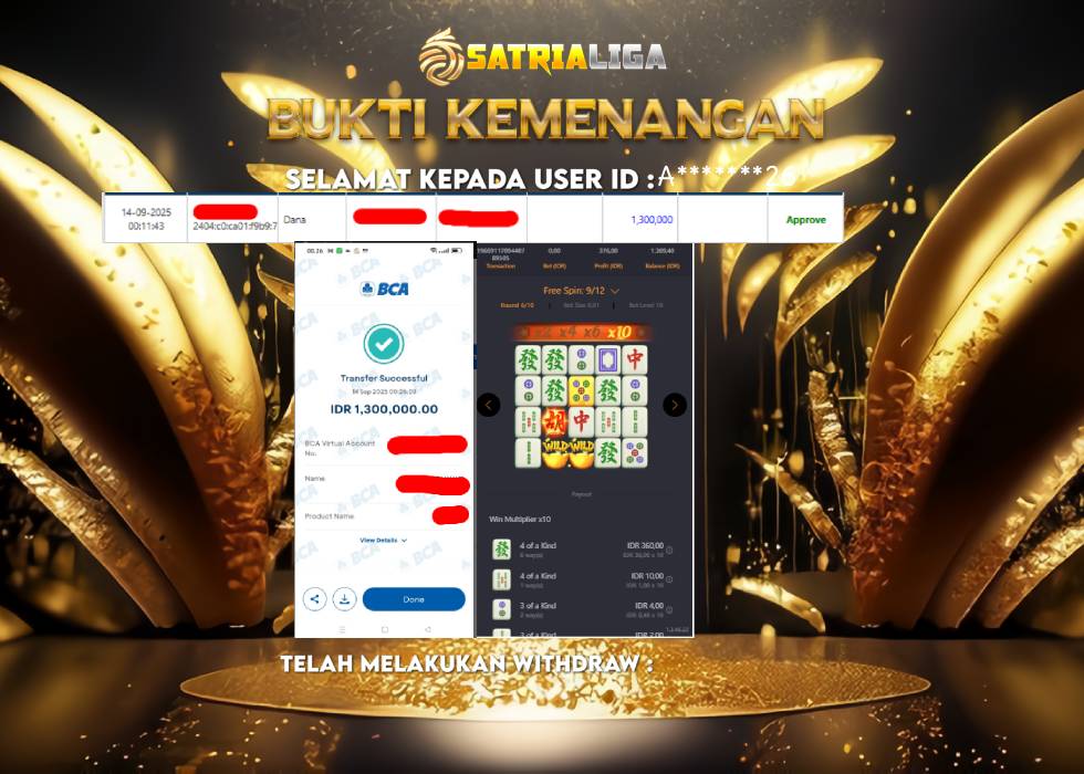 BUKTI KEMENANGAN MEMBER SATRIALIGA Rp 1.300.000